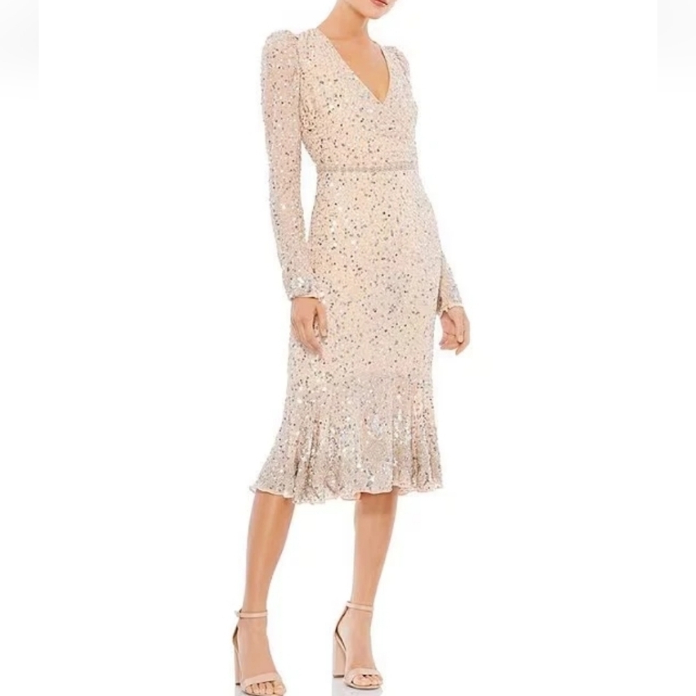 Mac Duggal Beaded Sequin Flounce Hem Midi Dress